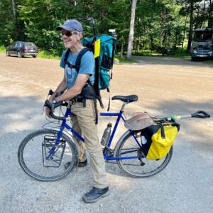 Chris is ready to take off on his bicycle